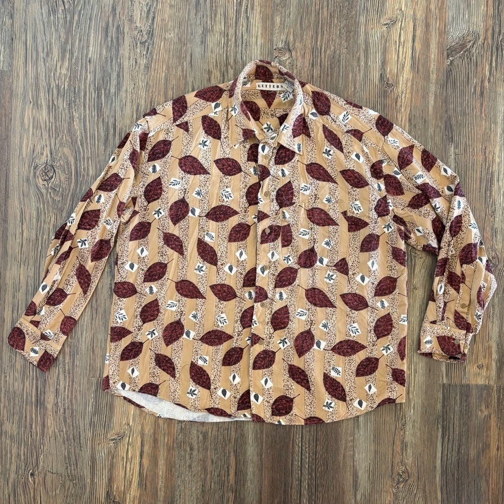Letters L/S Button-Up Shirt Womens XL Fall Autumn Falling Leaves Tan Stripes